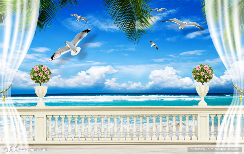 3D海滩椰树海鸥背景墙