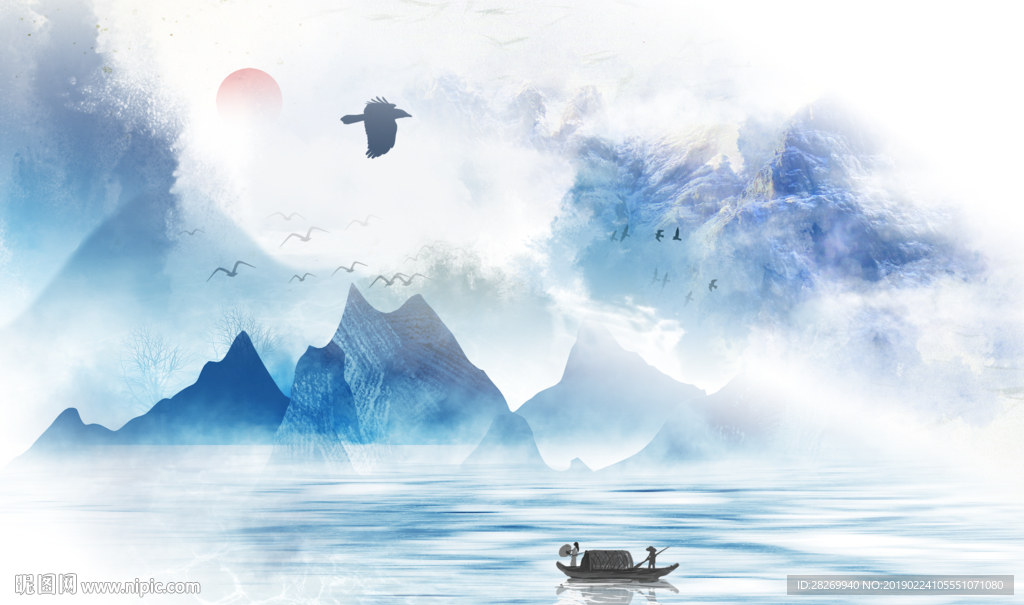 蓝色山水画