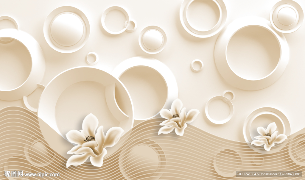 玉兰花圆圈背景立体背景墙壁画