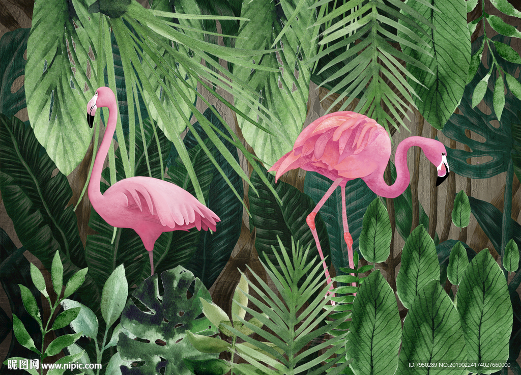 北欧简约热带火烈鸟背景墙