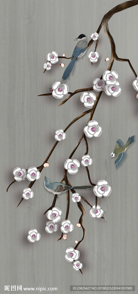 新中式手绘玉兰花鸟玄关背景墙