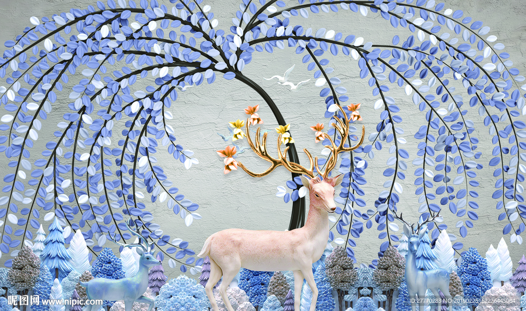 新中式立体浮雕发财树麋鹿背景墙