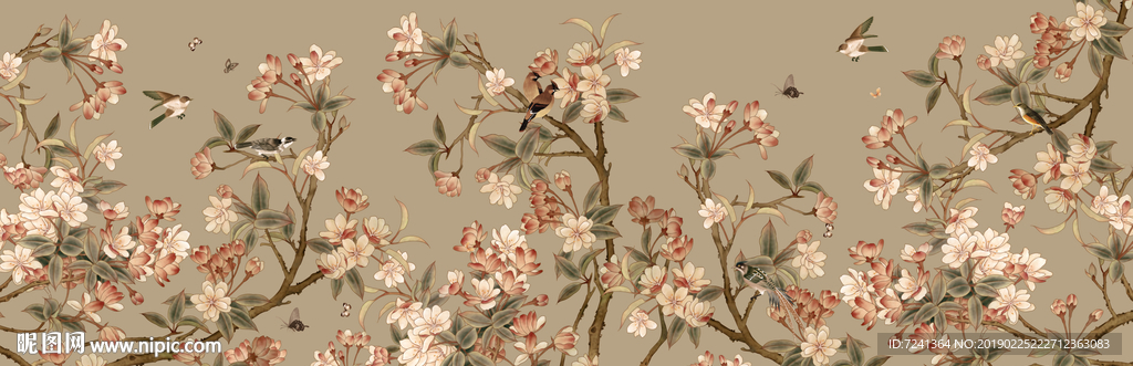 横版手绘工笔花鸟大型壁画