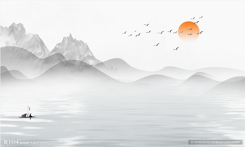 抽象山水手绘意境山水太阳飞鸟小