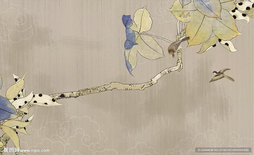 新中式手绘知了花鸟背景墙
