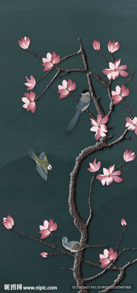 新中式手绘工笔花鸟玄关背景墙