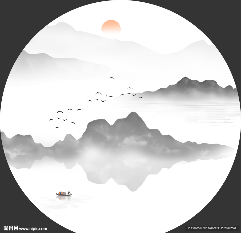 大型圆形水墨山水画