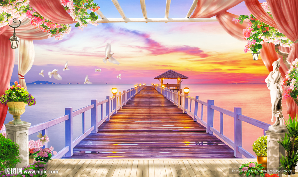花架海景画中画电视背景墙