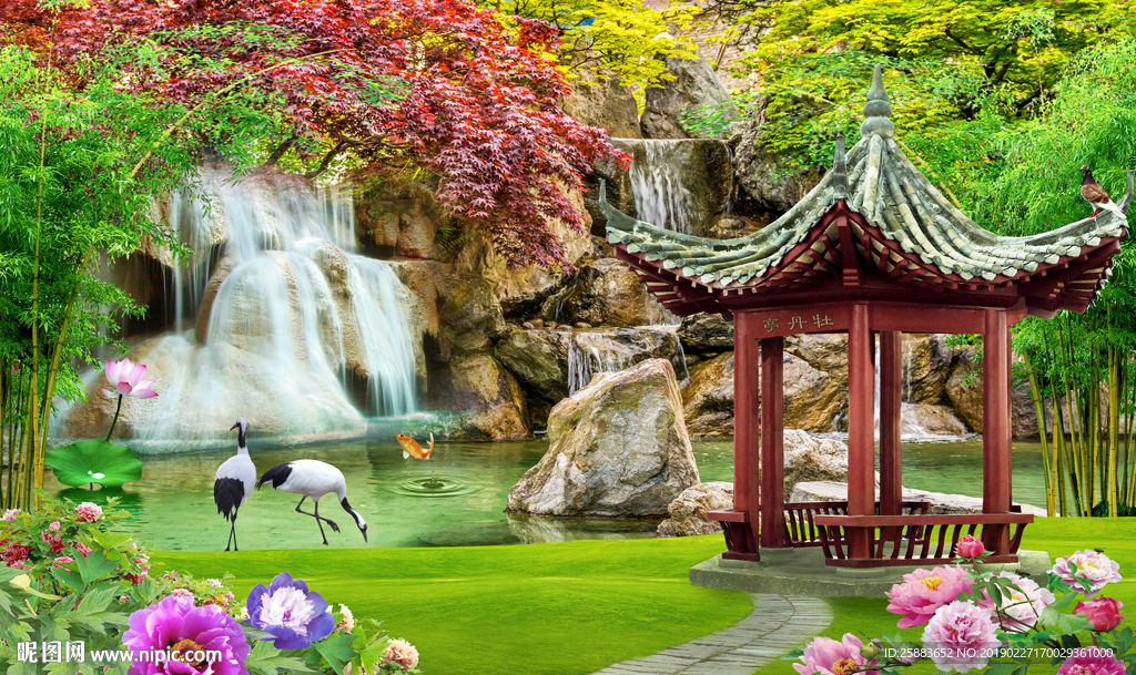 清新园林风光电视背景墙