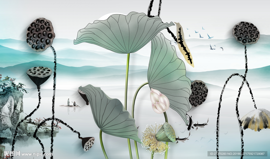 新中式淡雅荷花工笔画山水背景墙