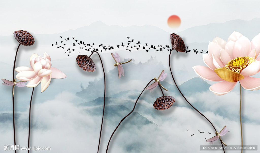 新中式荷花工笔画山水背景墙