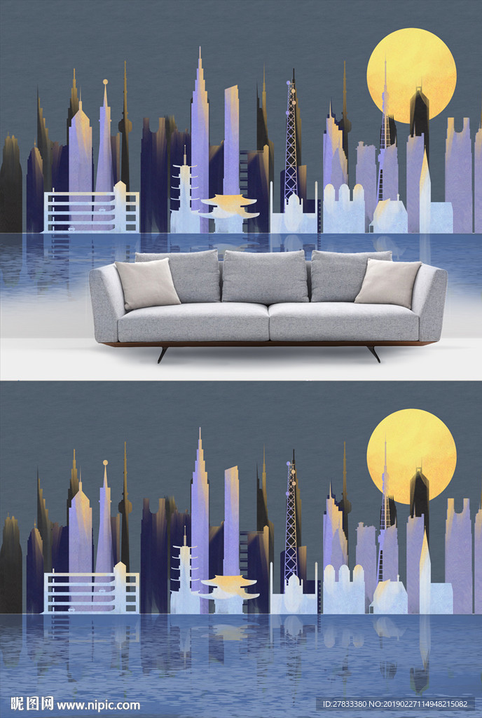 手绘城市背景墙