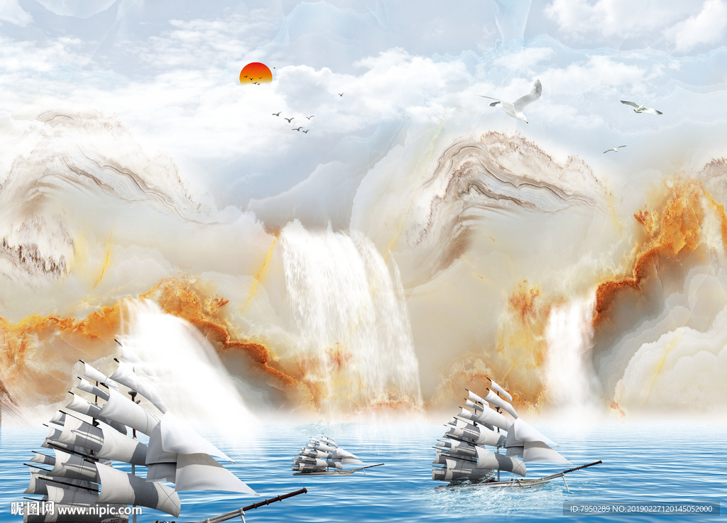 大理石山水流水生财背景墙