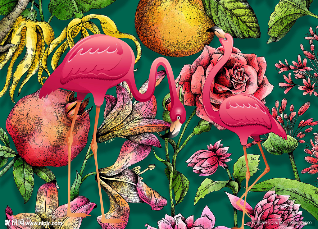 手绘热带植物火烈鸟背景墙