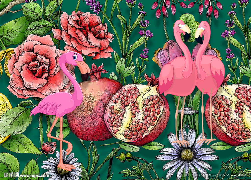 手绘热带植物火烈鸟背景墙