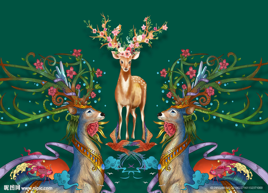 北欧麋鹿插画背景墙设计图__psd分层素材_psd分层素材_设计图库_昵图