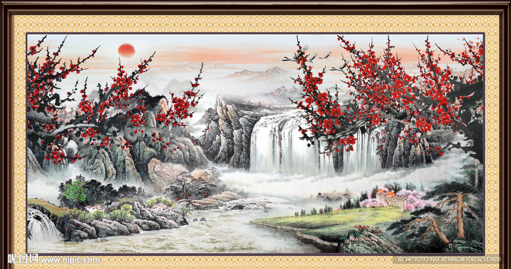 旭日东升  国画梅花