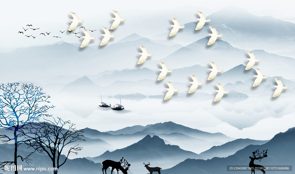 新中式抽象山水麋鹿背景墙装饰画