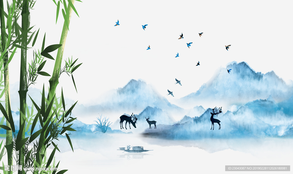 新中式水墨山水抽象麋鹿背景墙