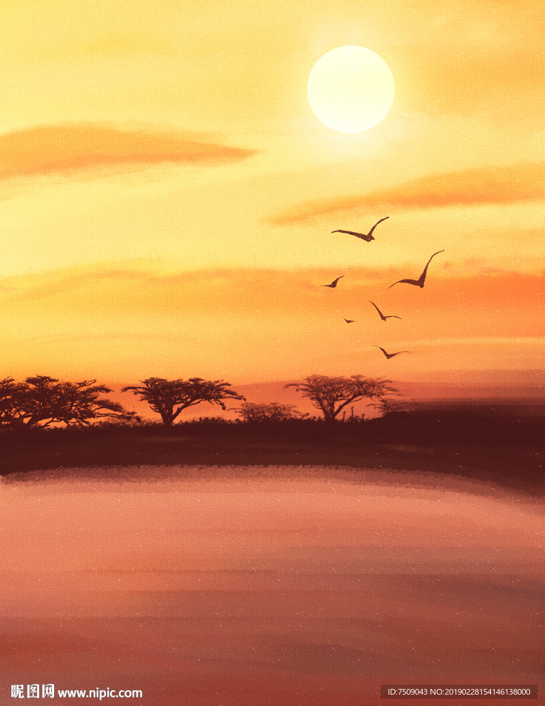 手绘夕阳美景插画
