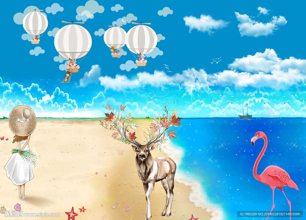 卡通北欧火烈鸟背景墙