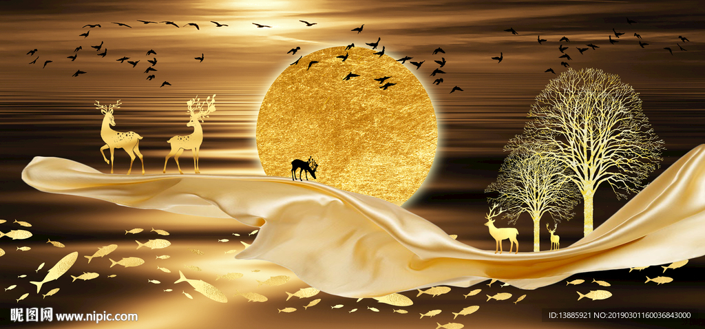 北欧抽象树林发财树金色麋鹿玄关