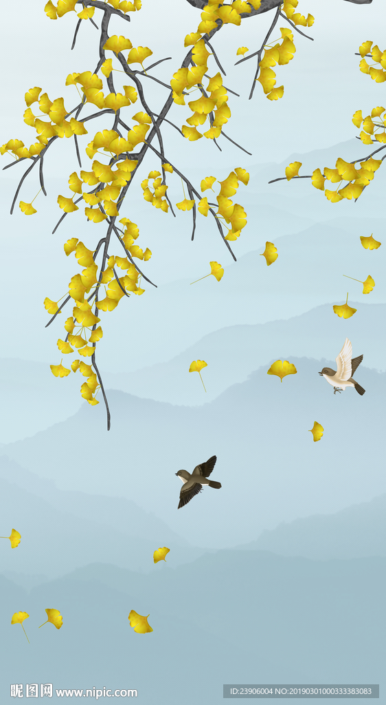 银杏花鸟装饰画 高清花鸟山水画