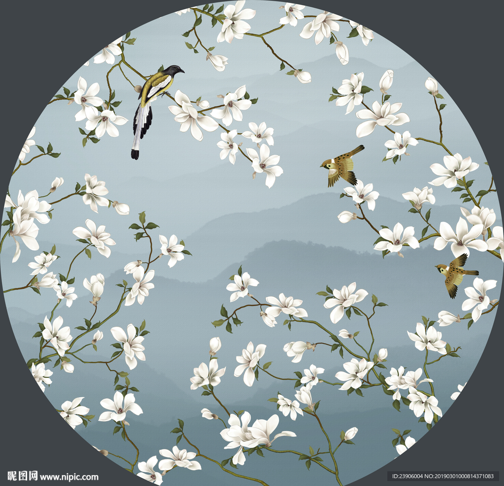 工笔花鸟团花 圆形工笔花鸟