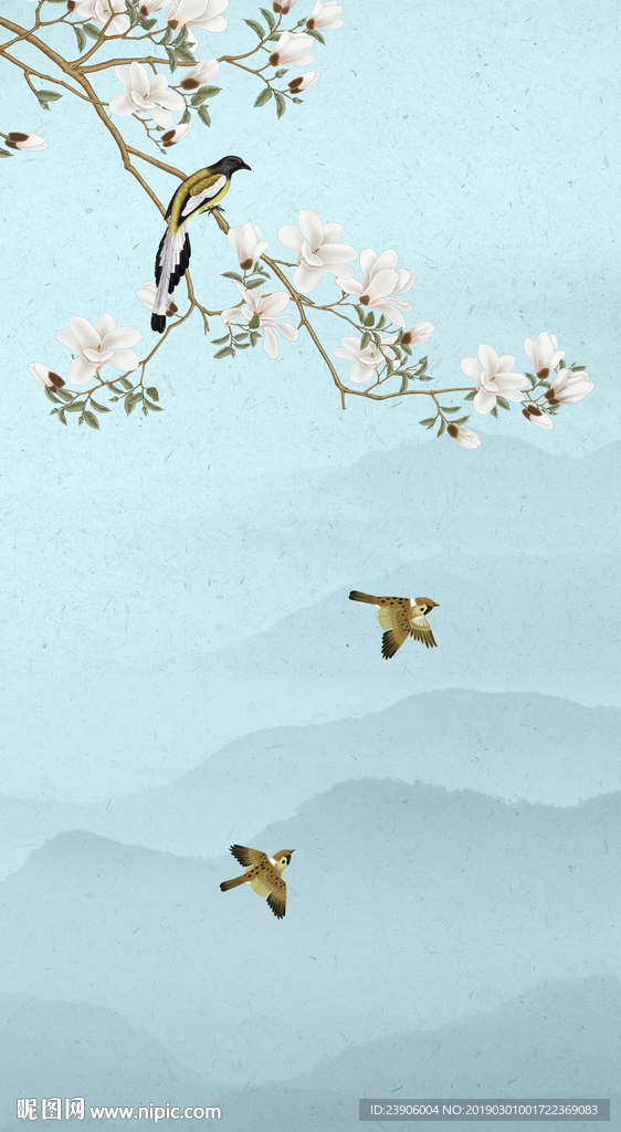 玉兰花鸟装饰画