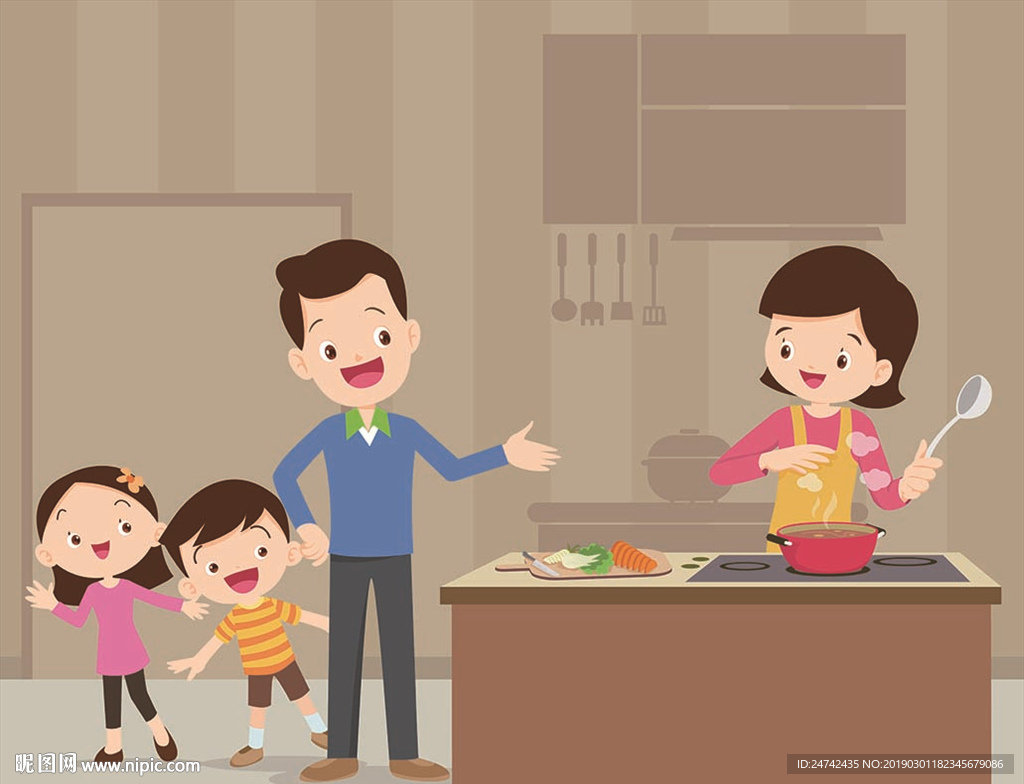 家庭厨房卡通人物插画