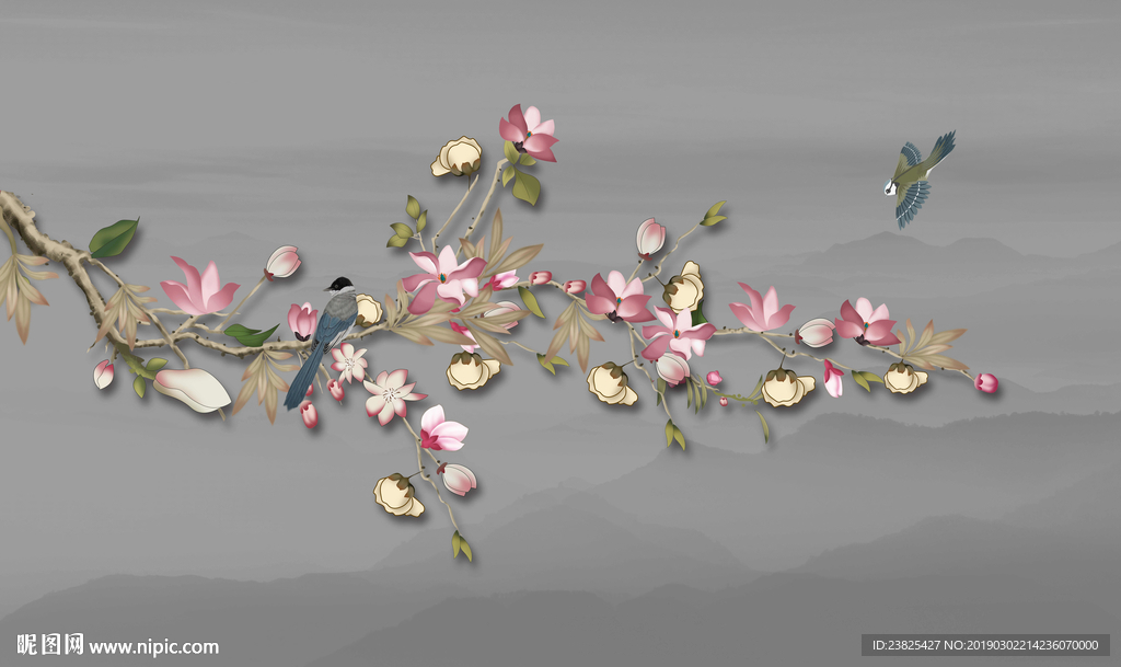 新中式手绘玉兰花鸟山水电视背景
