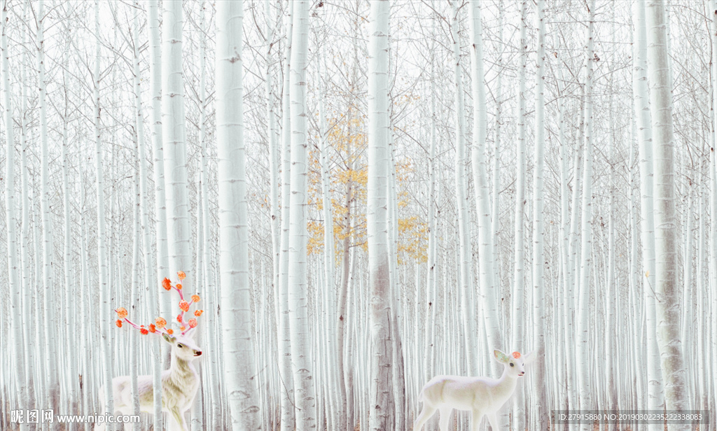 雪白清爽白桦树梅花鹿背景墙