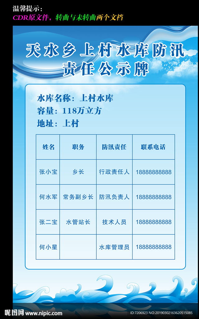 水库防汛责任公示牌
