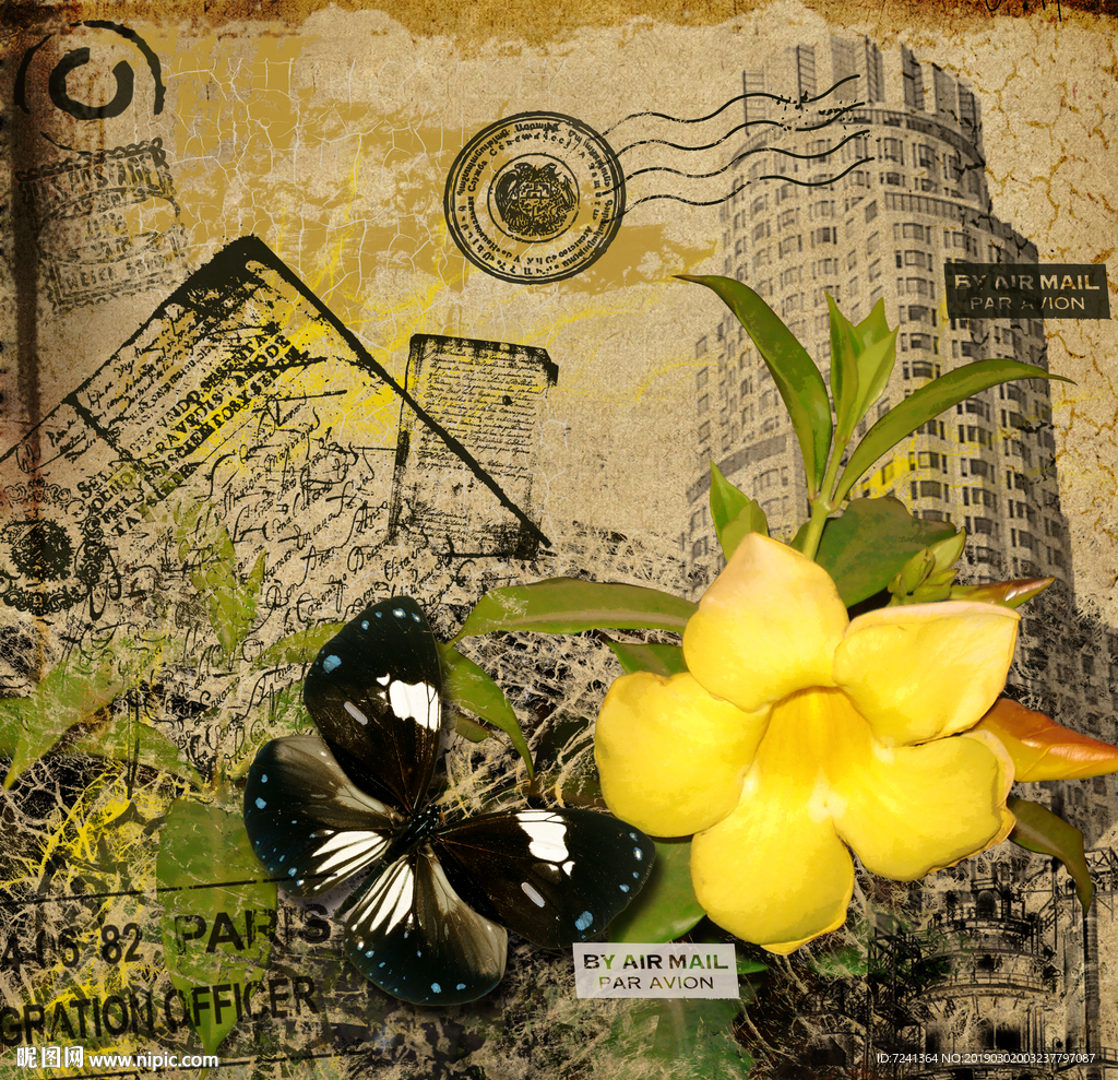 真花蝴蝶邮票怀旧复古装饰画