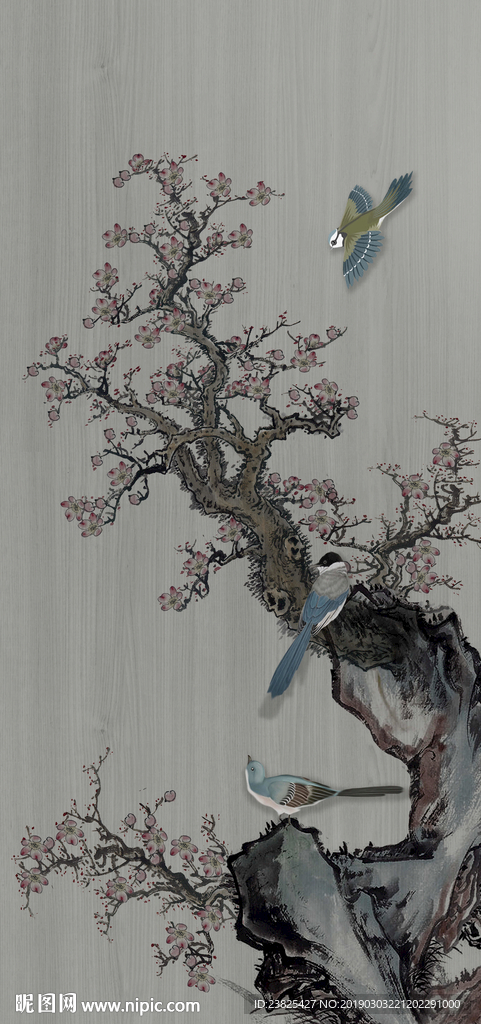 新中式手绘梅花山水玄关背景墙