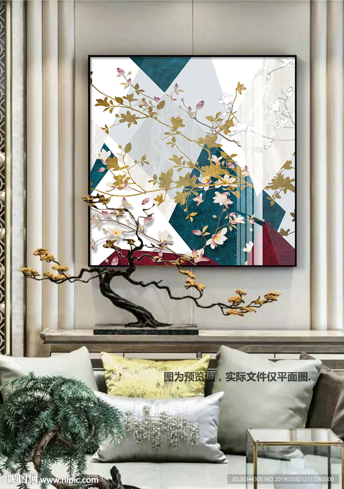 新中式几何花鸟装饰画晶瓷画