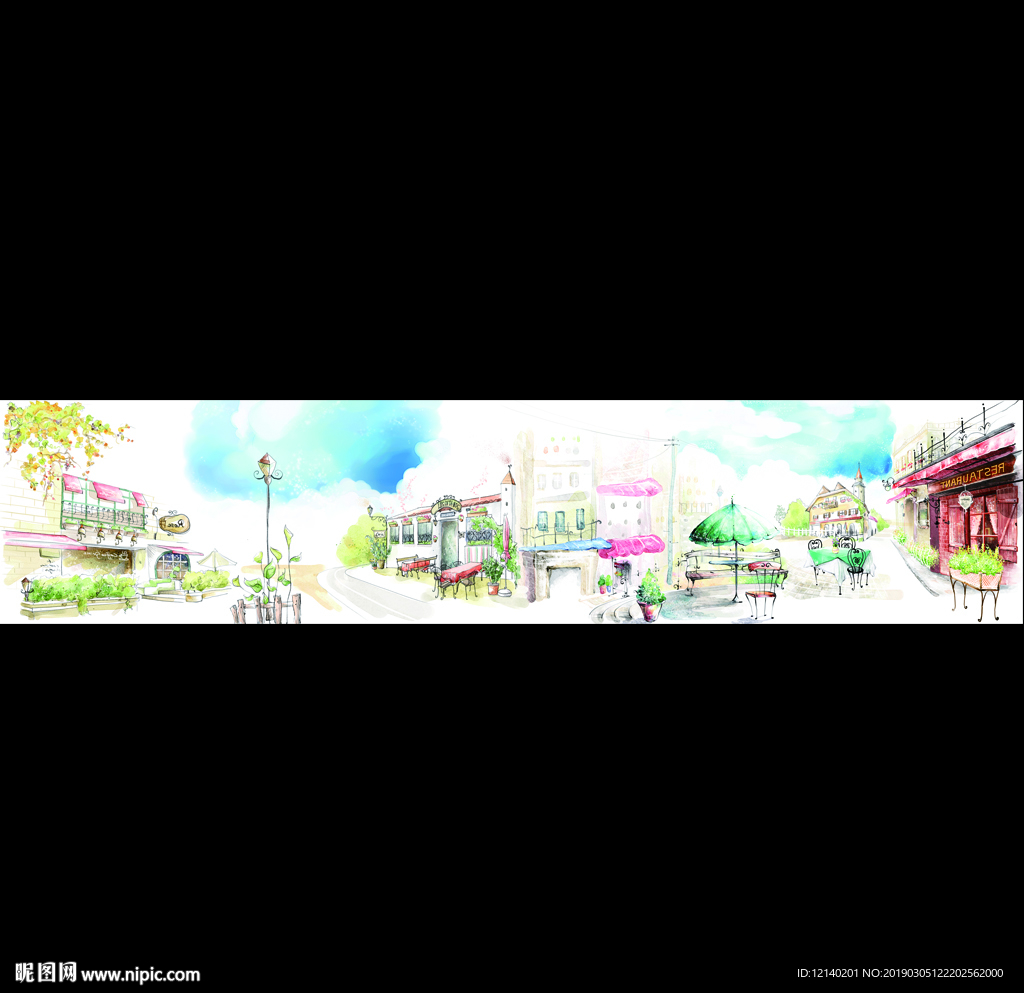 手绘水彩城市街景
