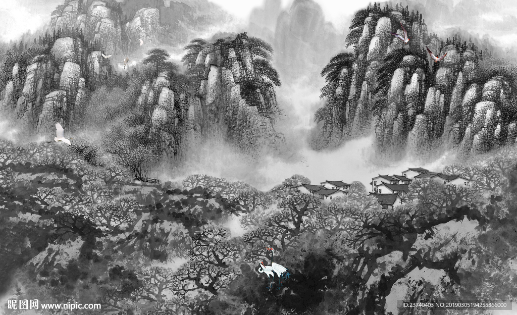 水墨国画山水背景墙