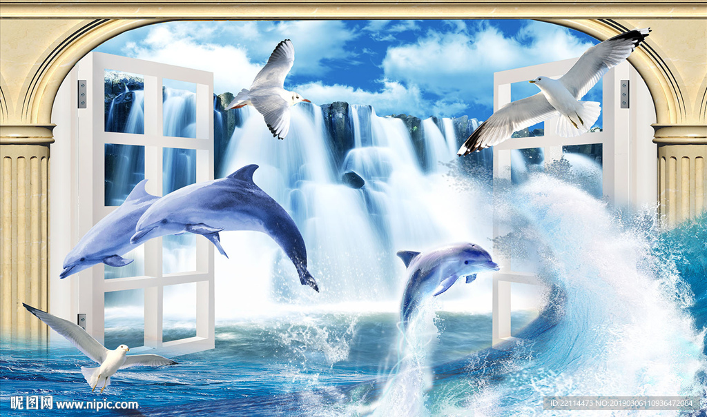 3D立体空中飞舞海豚电视背景墙