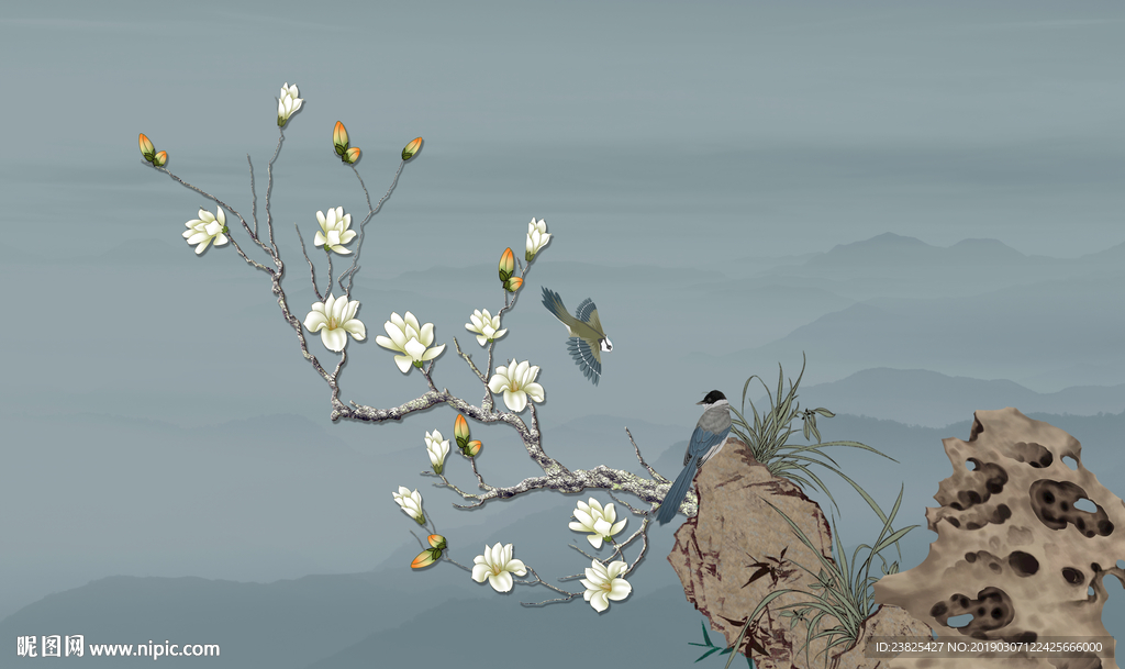新中式手绘工笔玉兰花鸟电视背景