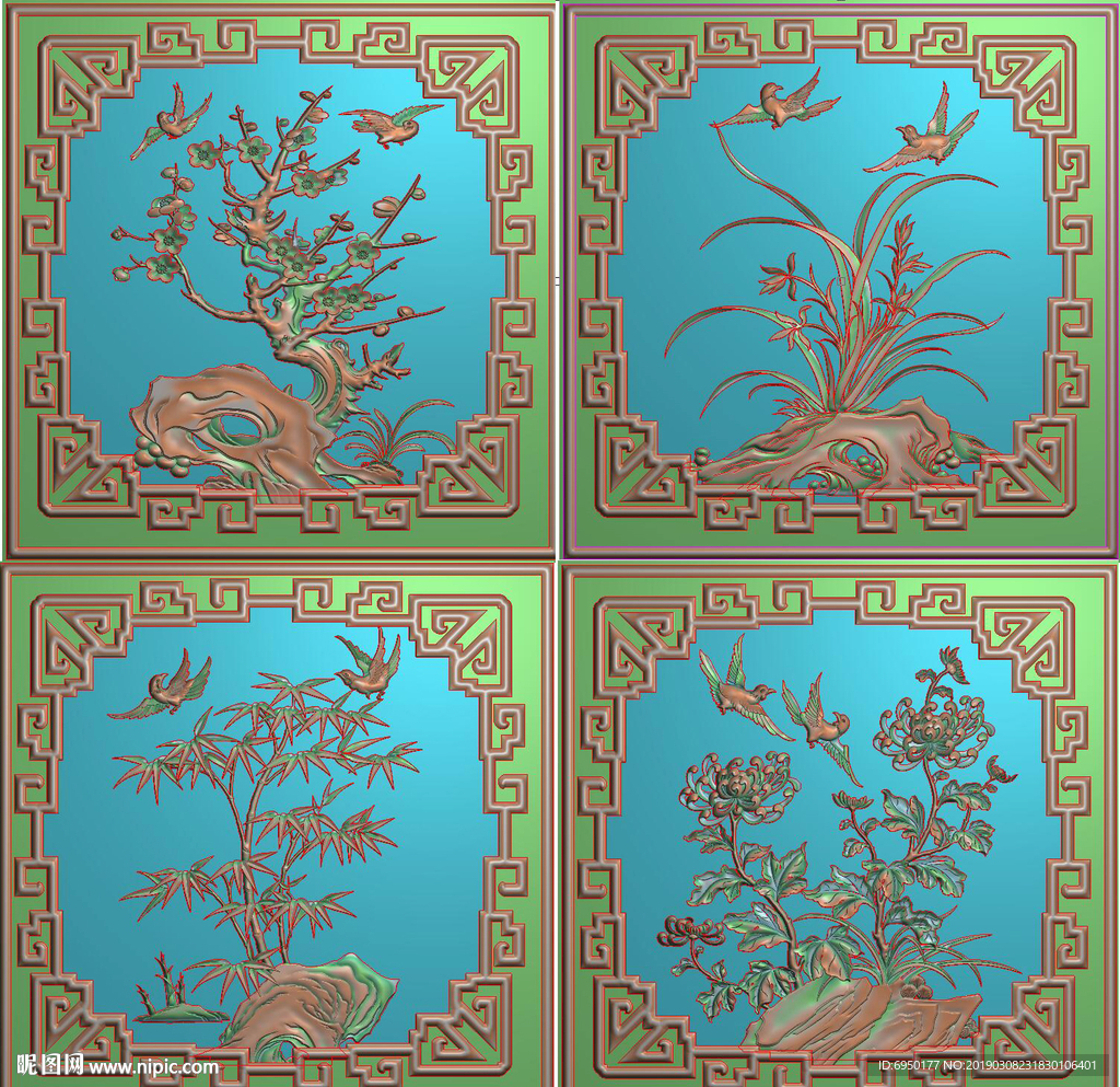 梅兰竹菊四季花鸟拐子纹精雕浮雕