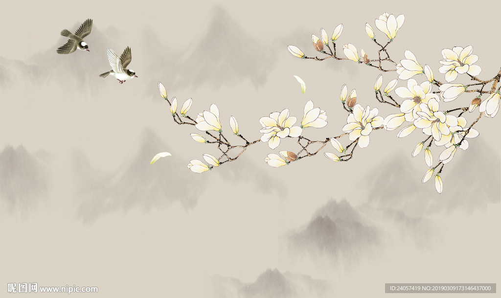 新中式玉兰工笔花鸟背景墙装饰画