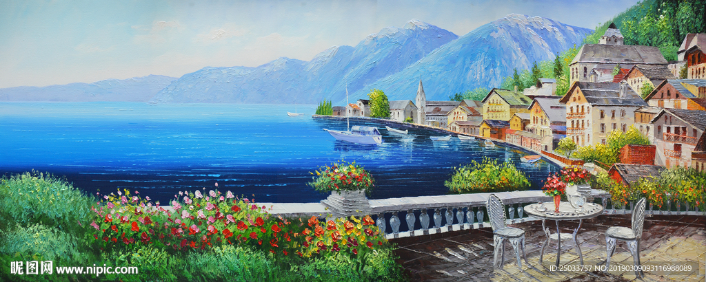 油画大海风景玄关屏风底纹素材电