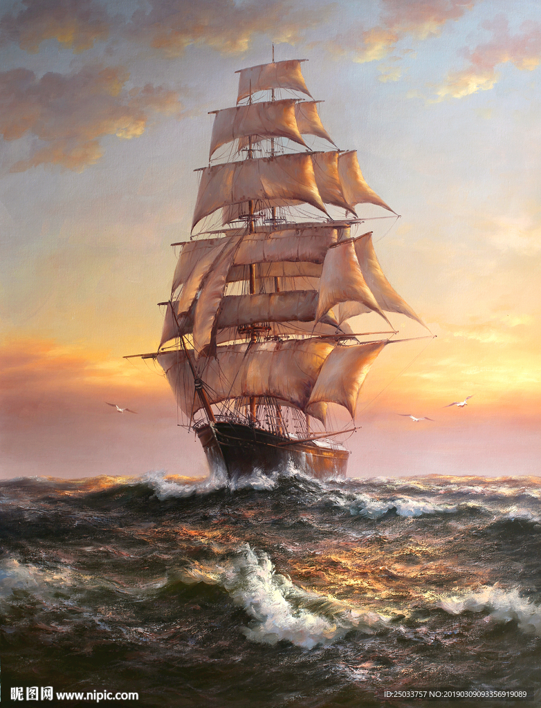 油画航海玄关屏风电视背景墙工笔