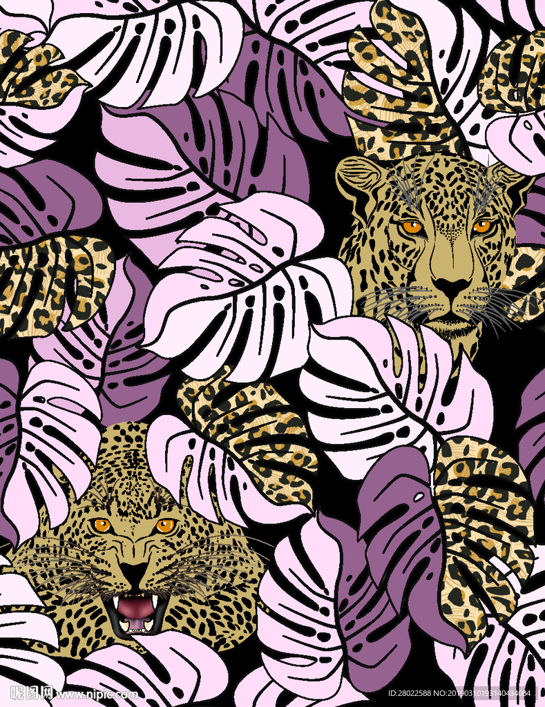 手绘热带植物豹图案服装印花