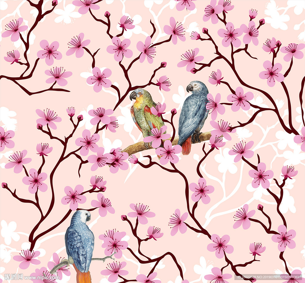手绘花鸟服装印花图案素材