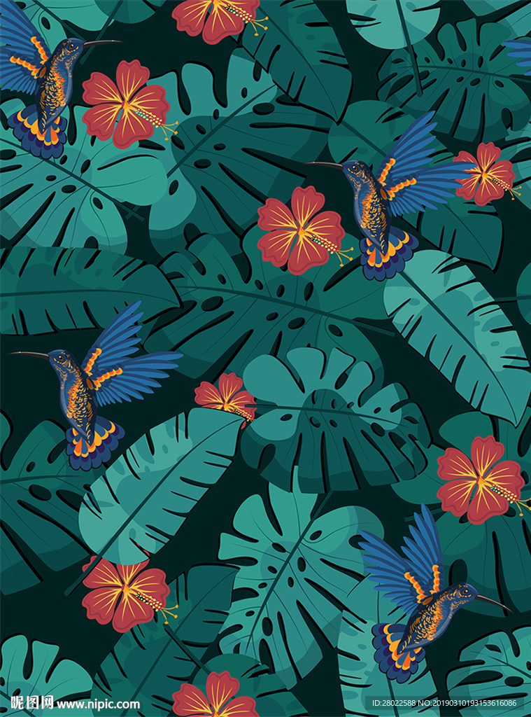 手绘热带植物花鸟服装图案印花