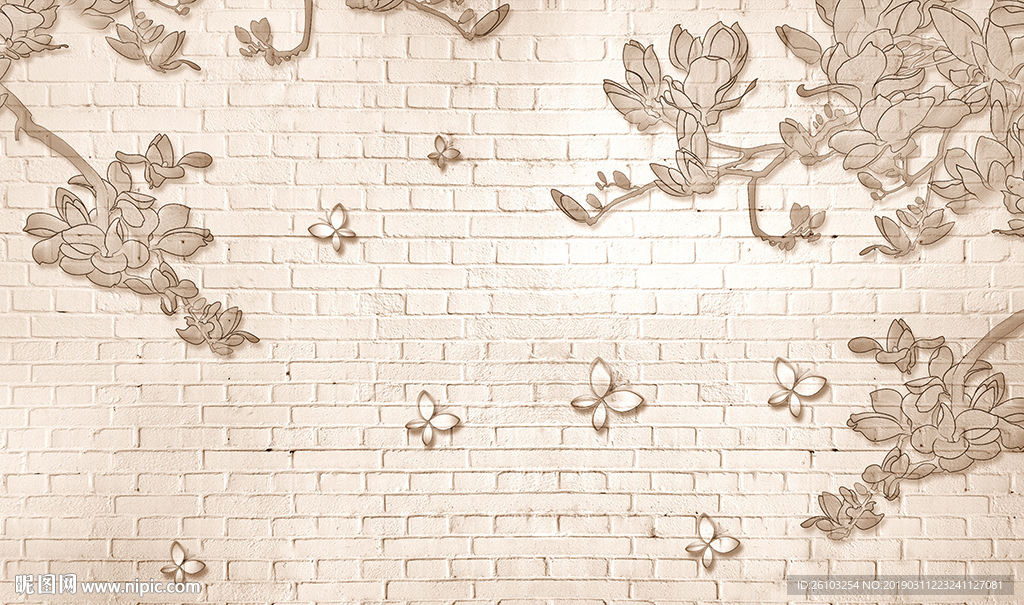 简约玉兰蝴蝶砖墙电视背景墙