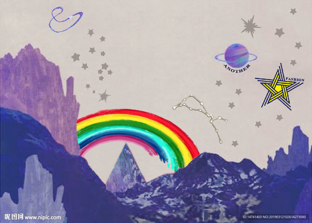 手绘抽象崇山峡谷彩虹宇宙星空