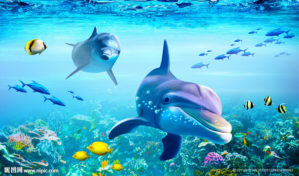 温馨梦幻海洋鱼群海豚水底世界背